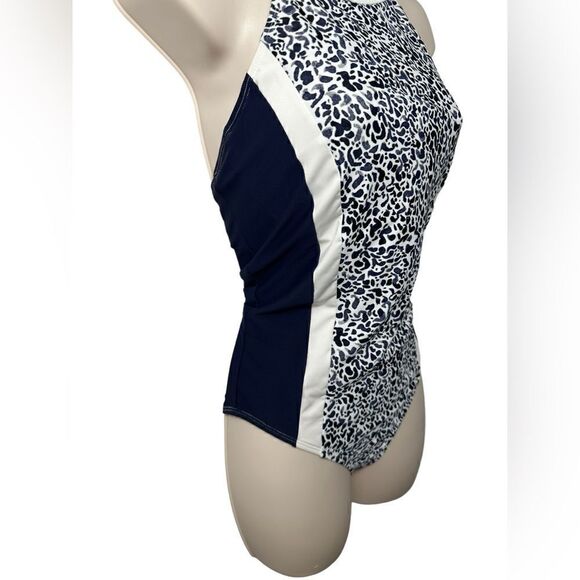 Athleta Navy Blue & White Leopard Print Zimbabwe One Piece Swimsuit Size 36 B/C - Picture 3 of 12
